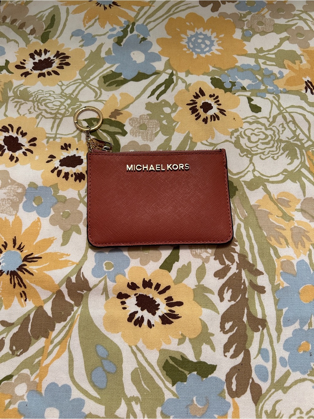 Michael Kors Rust Saffiano Leather Card Case with Gold Keyring